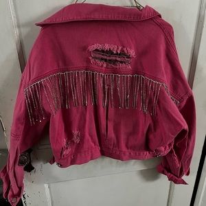 Hot Pink Rhinestone Fringe Denim Jacket